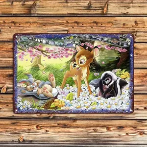 Bambi & Friends Pattern Metal Wall Art, Rustic Metal Wall Decor Sign, Universal Outdoor Hanging Decoration for Garden Cafe Restaurant Patio