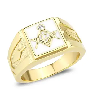 Men's Mason Masonic Lodge Ring in Stainless Steel 14kt Yellow Gold Plating Crystal Accent