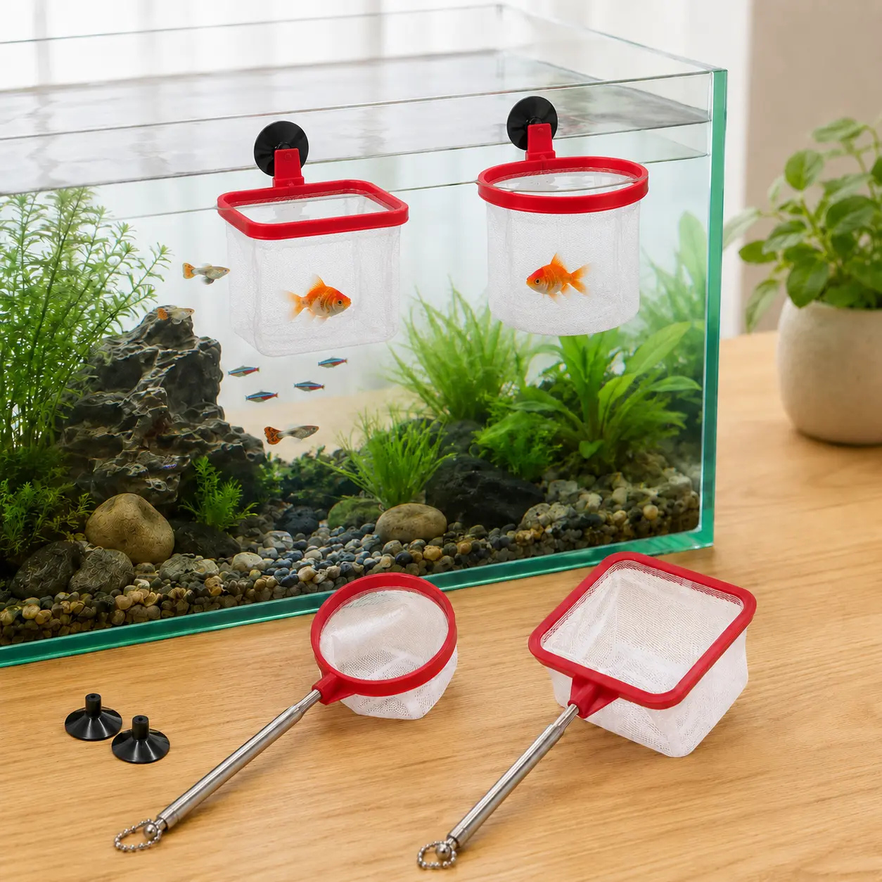 4-Pack Multifunction Aquarium Fish Net Set, 2 Square (3.1×3.1") & 2 Round (3.1" Dia) Fine Mesh Nets with 4 Telescopic Handles (7.9-18.9")  and 4 Suction Cups, Fish Catching & Isolation Nets for Fish Tanks
