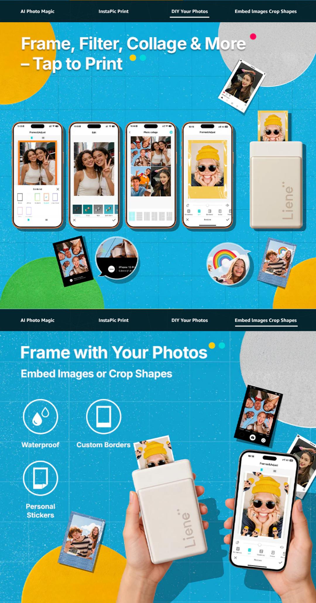 Liene Pearl N200 Pro Portable Photo Printer, Instant Mini Picture Printer for iPhone Smartphone, Thermal Dye Sublimation, Bluetooth Sticker Printer 50 Sheets 2x3 Adhesive Paper & 5 Cartridges, New Drops