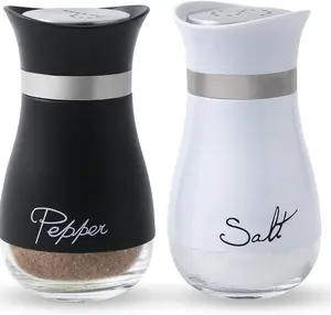 Lonffery Salt and Pepper Shakers Set - Salt Containers for Gifts, Kitchen Decor, Home, RV, Camp, BBQ, 4 oz Farmhouse Spice Dispenser with Glass Bottom, Black and White, Set of 2