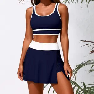 S-XL 2-piece set  Women's Bikini Sets for Color Block Swimsuits with Side Slit Swim Skirt