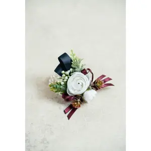 White Rose Pearl Bracelet - Wrist Corsage Prom Gift for Her, Bridesmaid Gift, Burgundy Ribbon Tie Swag, Bridal Accessories, Boutonniere Gift