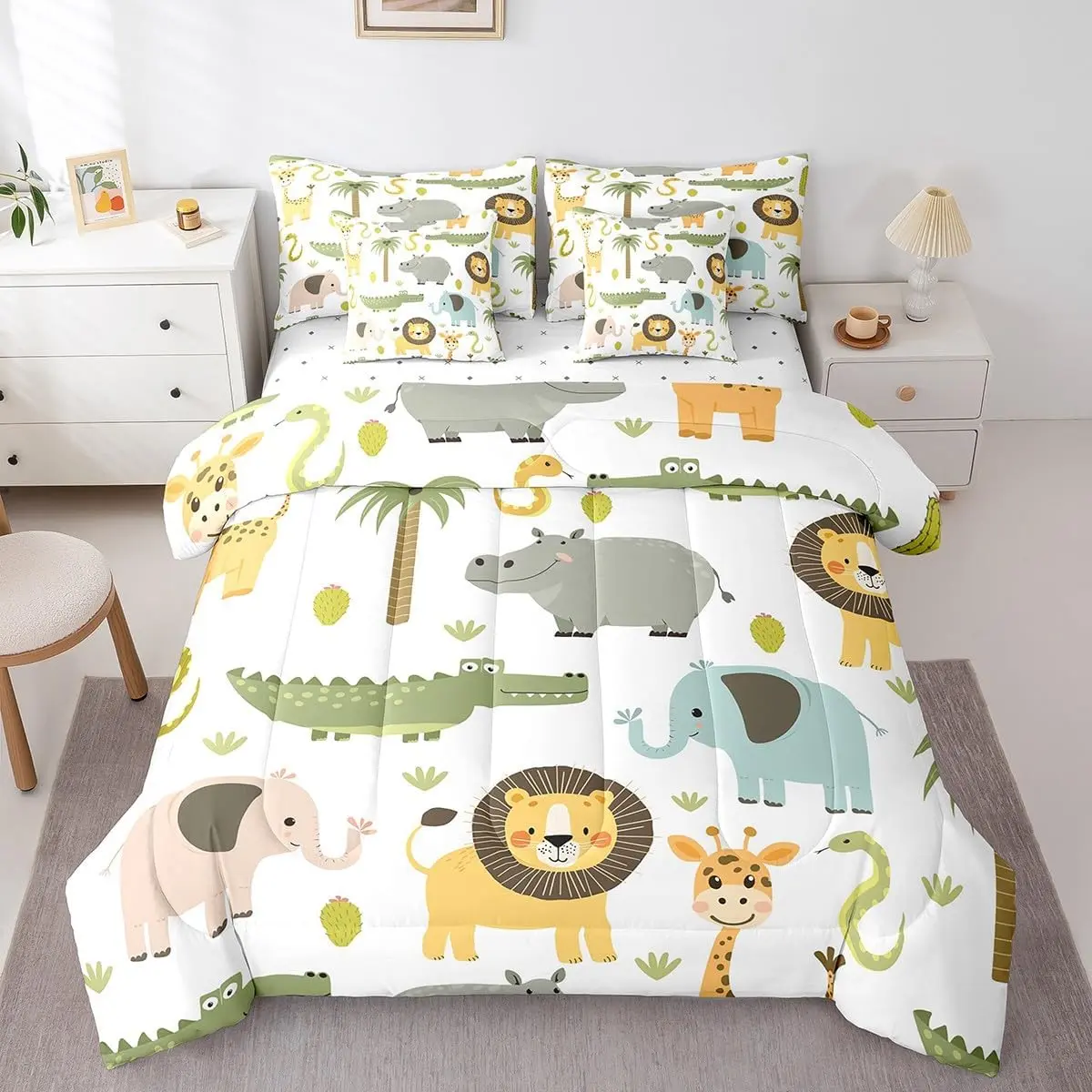 Feelyou 7-Piece Kawaii Animal Print Microfiber Bedding Set - Soft Warm Bedsheet Sets with Soft Comfy Printed Blanket, Comforter, Pillowcases, Flat Sheet, Fitted Sheet, Cushion Cover (Multi-Size Options)