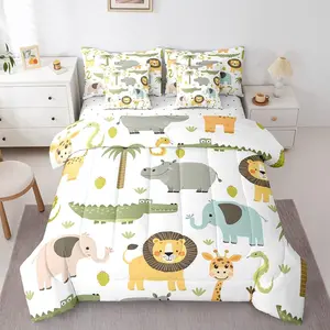 Animals 7 Piece Bedding Set,Cute Kawaii Bed in a Bag,Cartoon Bed Set with Comforter,Pillowcases,Flat Sheet,Fitted Sheet,Cushion Cover
