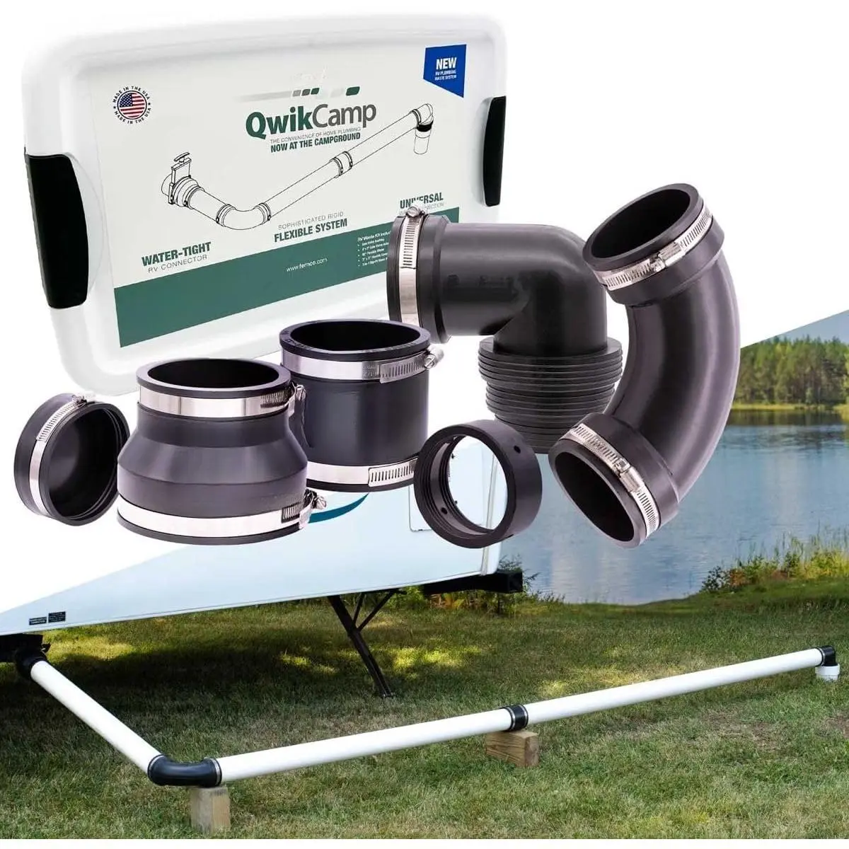 QwikCamp High-Quality Materials RV and Camper Sewer Wastewater Plumbing Connection System Kit with Slip-Fit Coupling Adapter, Black 2026 – Compatible with RVs and Most Vehicles