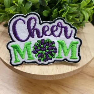 Cheer Mom embroidered iron-on patch in custom colors.