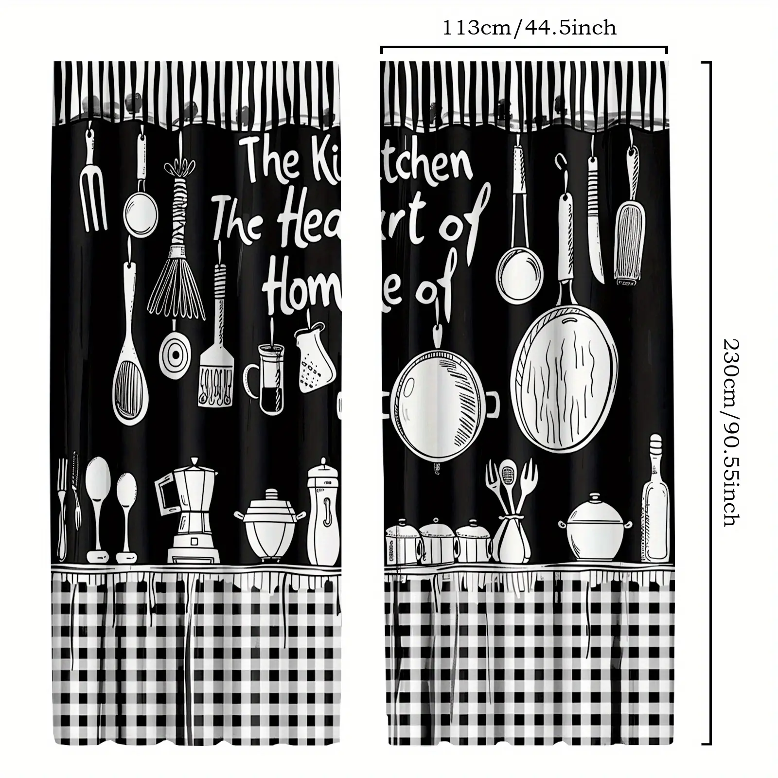 2-Piece Set, Classic Checkered Curtains with Rods - Stylish Black and White Kitchen and Living Room Decor, Machine Washable Polyester, Home Decoration Curtain, Kitchen Window Decor | Graphic Printed Curtains | Kitchen Curtains