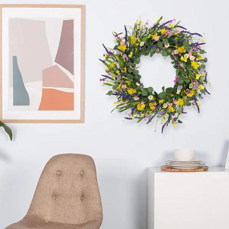J'FLORU Spring Wreaths for Front Door 22 Inch Artificial Summer Wreath Daisy and Lavender Wreath with Wildflowers for Home Wall Farmhouse Springtime Easter Holiday Party