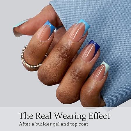 BTArtboxnails XCOATTIPS French Tip Press On Nails - Blue Short Square Fake Nail Tips, 160Pcs Soak Off Soft Gel Acrylic Nail Extension in 16 Sizes