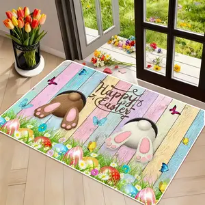 Easter Bunny Flower Egg Wood Grain Print Door Mat, Soft Washable Entryway Rug, Home Decorative Rug, Perfect for Kitchen Bathroom Room Decor, Easter Gift
