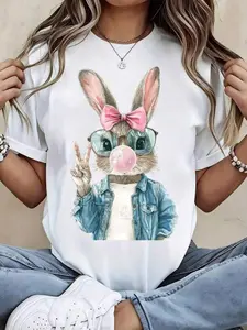 Women Easter Bunny With Pink Bow And Sunglasses Blowing Bubblegum Graphic Design Pure Cotton Women Casual Round Neck T Shirt Soft Comfortable Spring Summer Wear