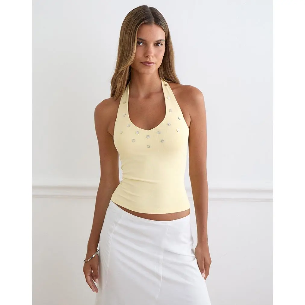Amita Top with Pearl Buttons in Rib Knit Butter Yellow