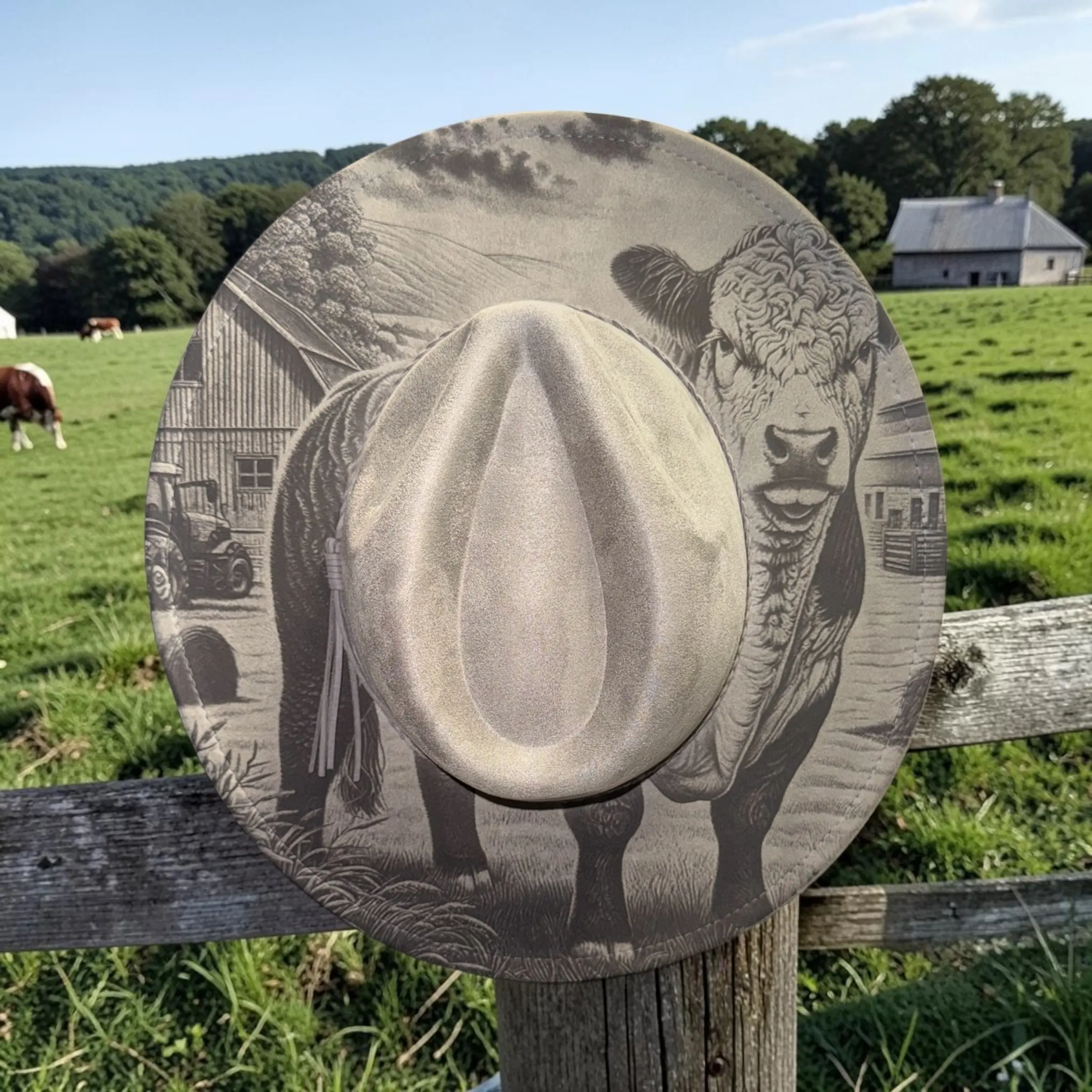 Engraved Cowboy Hat with Cow Design | Farm Life Western Hat | Rustic Cowgirl Hat | Adjustable Fit