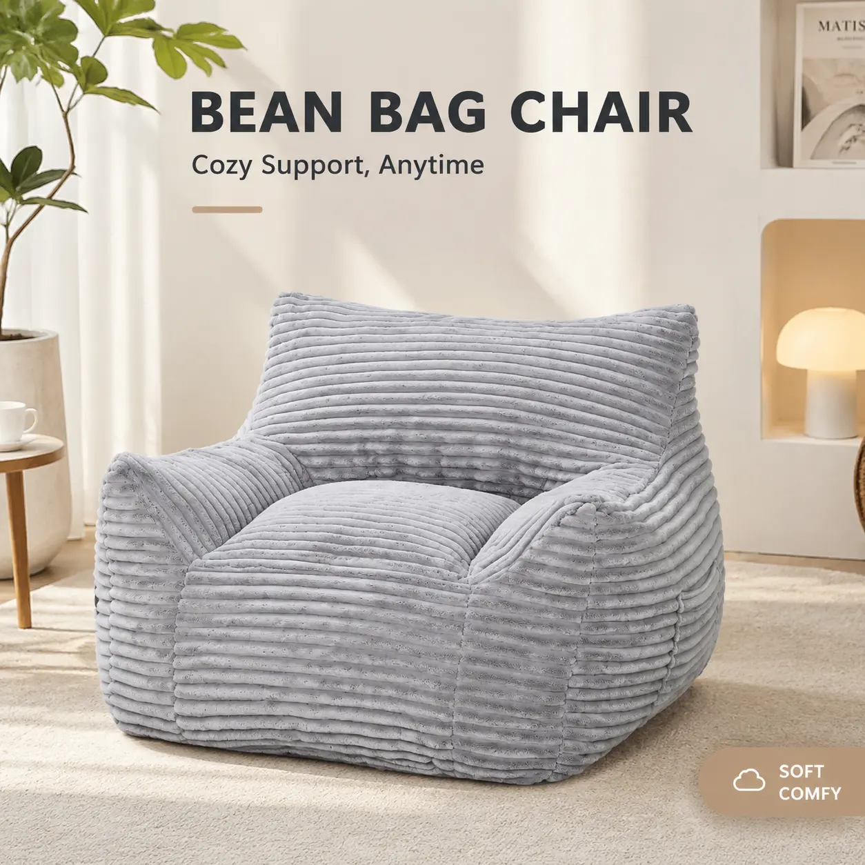 littleox Bean Bag Chair for Adults with Armrests - Oversized Comfy Beige Beanbag Lounge Lazy Floor Sofa Chair for Living Room, Bedroom & Dorm, Cozy Fluffy Single Cloud Mini Couch