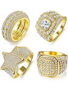 Brilliant 4 Pcs Golden Super Shining Rings Alloy Bling Unique Rings for Women Men Dazzling CZ Punk Rappers Star Square Sign Hip Hop Cubic Zirconia Rings