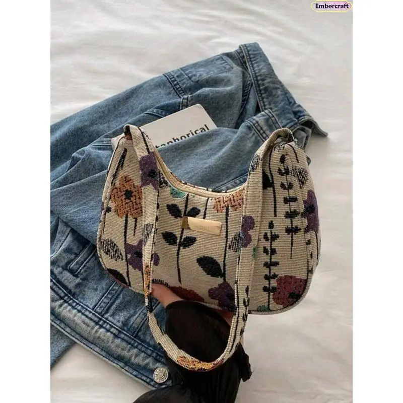 Women’s French Chic Lightweight Floral Print Baguette Shoulder Bag - Minimalist Solid Color Small Square Crossbody Purse, All-Match Everyday Handbag for Daily Use, Shopping, Women’s Fashion Bags & Accessories, Purses