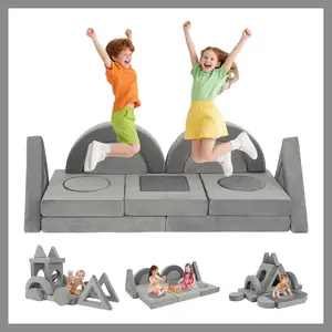 16 PCS Modular Kids Play Couch, Convertible Foam Toddler Sofa Bed with Washable Covers, Versatile Creative Fort Building Set for Boys Girls, Ideal for Playroom Bedroom, Grey