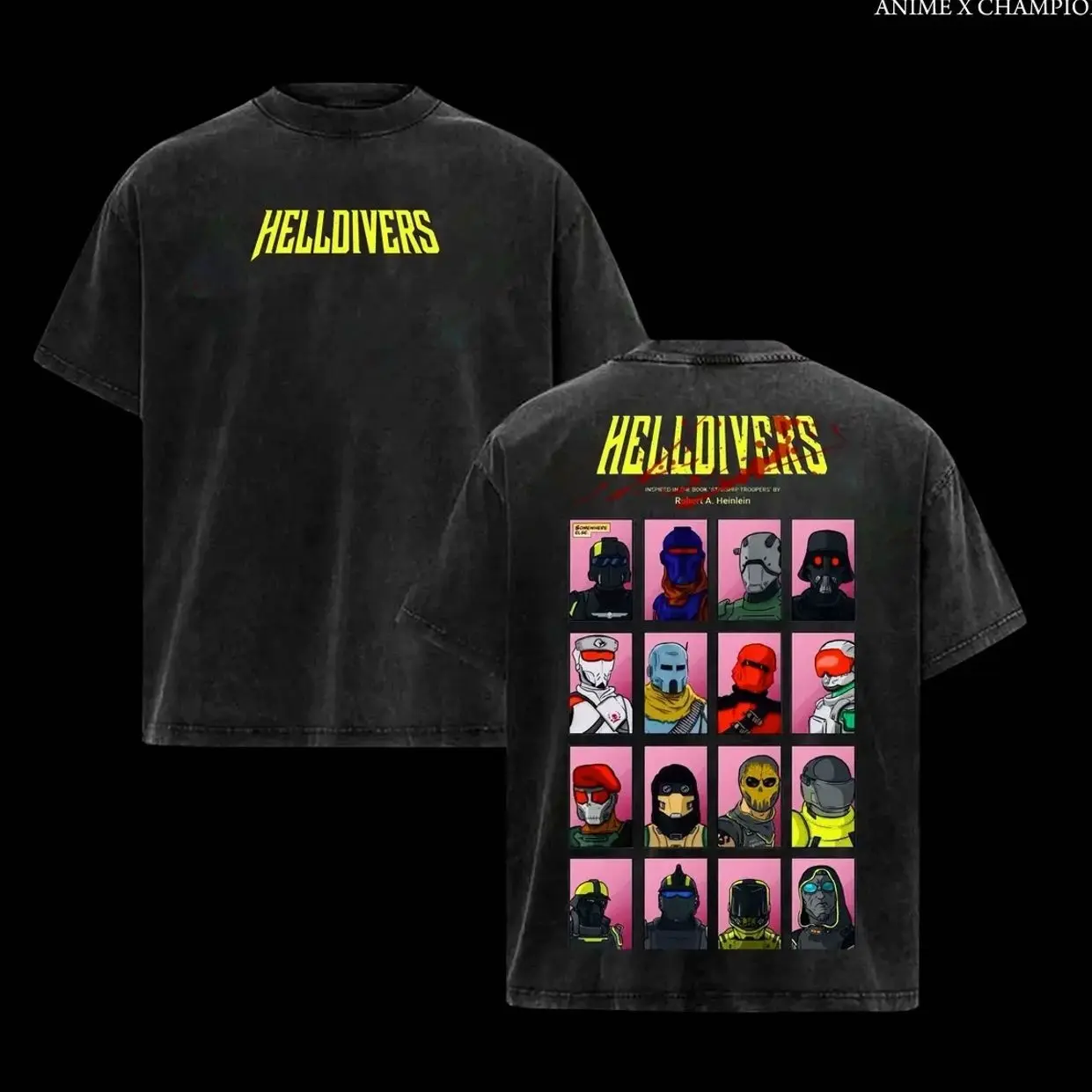 Helldivers 2 Super Earth Helmet Collection Comic Style Vintage Wash Oversized T-Shirt Retro 90s Bootleg Style Gamer Streetwear Aesthetic Tee 0Y4
