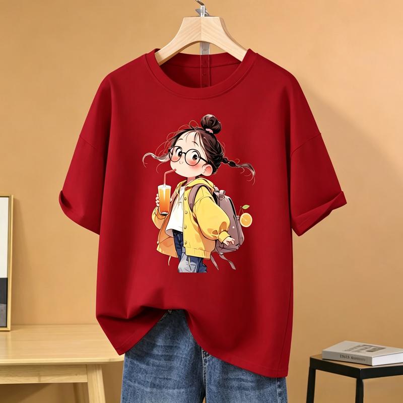 Women's Oversized Burgundy Short-Sleeve Graphic Tee - Cute Cartoon Girl, Kawaii Glasses, Backpack & Orange Juice Prints, Cropped Option, Everyday Fabric, Y2K Aesthetic Streetwear Style Summer Top