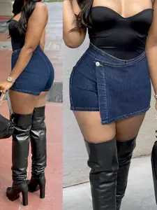 Swakaki,Rave Y2K Street Vintage Stretch Overlap Waist Wrap Solid Asymmetrical Hem Skinny Mini Denim Skorts Skirted Shorts, Women's Denim Jeans & Clothing
