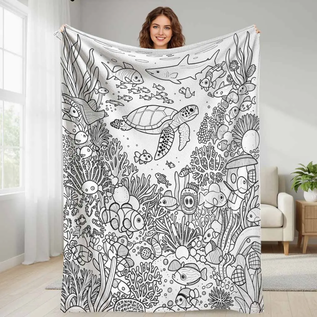 Underwater Ocean World Flannel Blanket with Marine Life, Coral Reef & Fish Prints - Cozy, Soft, Warm, Lightweight, Durable, Fade-Resistant, Breathable, Wrinkle-Resistant - Perfect for Home, Indoor Sofa, Bedroom, Travel - Ideal Home Decor Gift