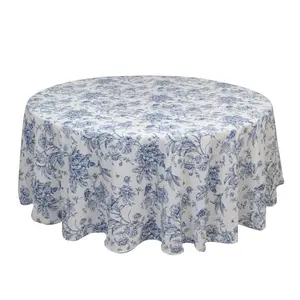 Polyester 108" Round Tablecloth White - Blue French Toile Pattern for Chic Weddings