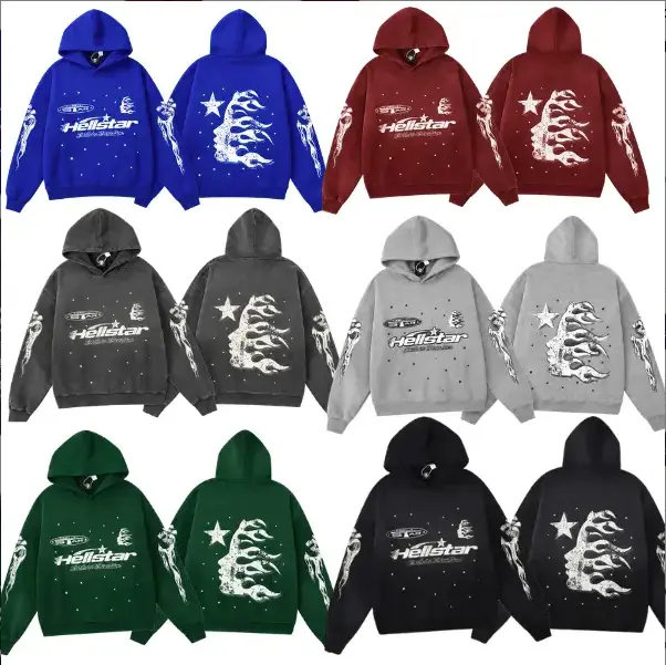 Hellstar Retro Star Flame Graphic Hooded Sweatshirt Vintage Printed Long Sleeve Pullover Hoodie Streetwear Top Gift