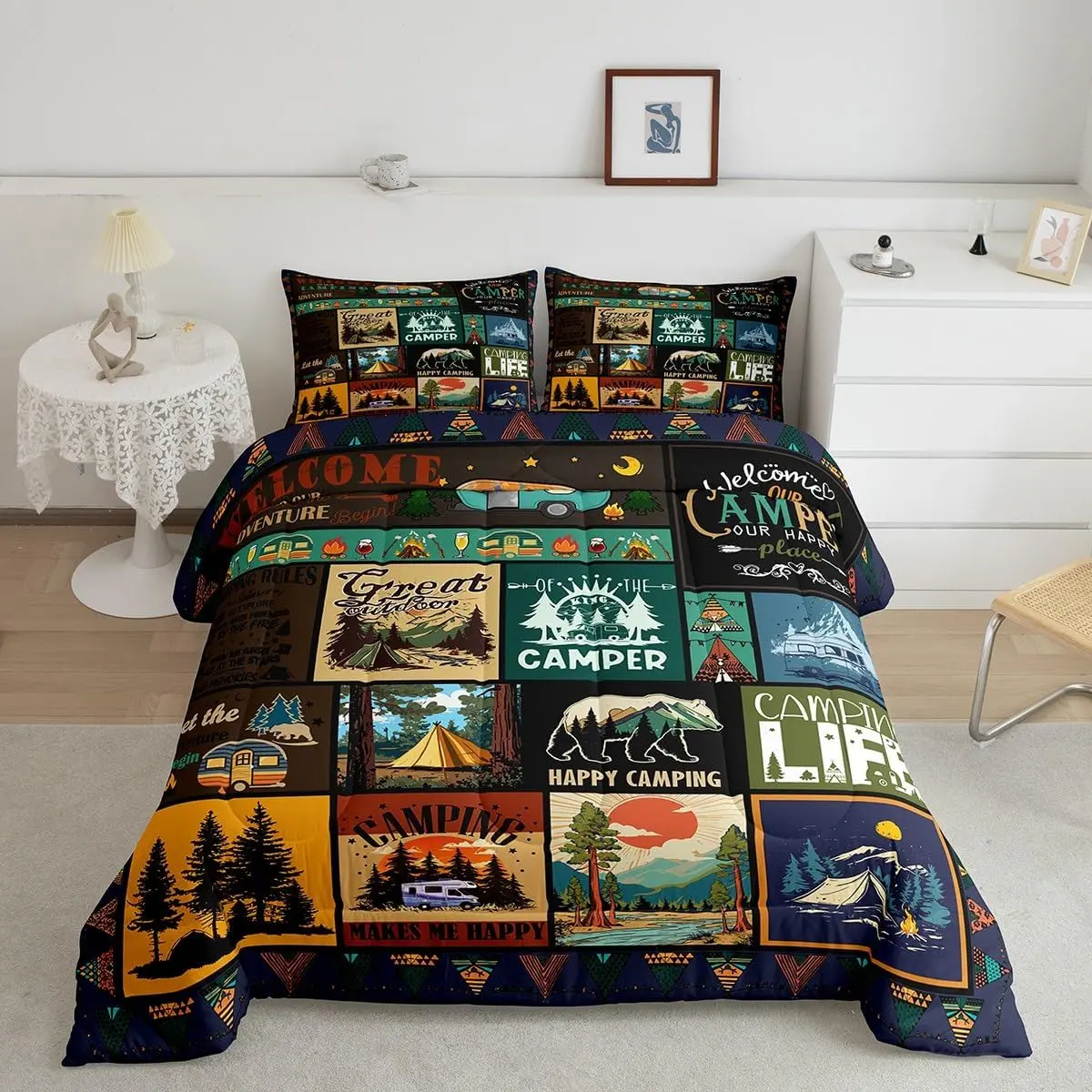 Feelyou Camping Motif Printed Bedding Set - Breathable, Lightweight Warmth Kids Quilt, Country Farmhouse Decor, Multi-Size, Machine Washable for RV Travel & Gifting