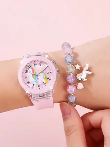 Cute Unicorn Design Watch & Bracelet Set, Wristwatch, Silicone Material Fashionable Analog Quartz Watch & Jewelry Set for Girls, Kids, Trendy All-match & Exquisite Watch Set for Birthday Gift, Unicorn Theme, Quartz Movement