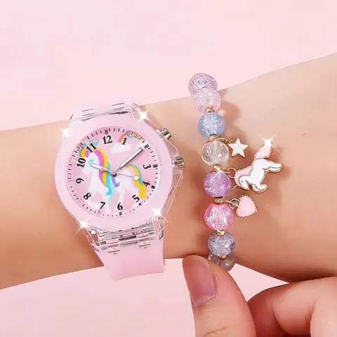 Cute Girly Unicorn Design Watch & Bracelet Set, Wristwatch, Silicone Material Fashionable Analog Quartz Watch & Jewelry Set for Girls, Kids, Trendy All-match & Exquisite Watch Set for Birthday Gift, Child Watch, Unicorn Theme, Quartz Movement