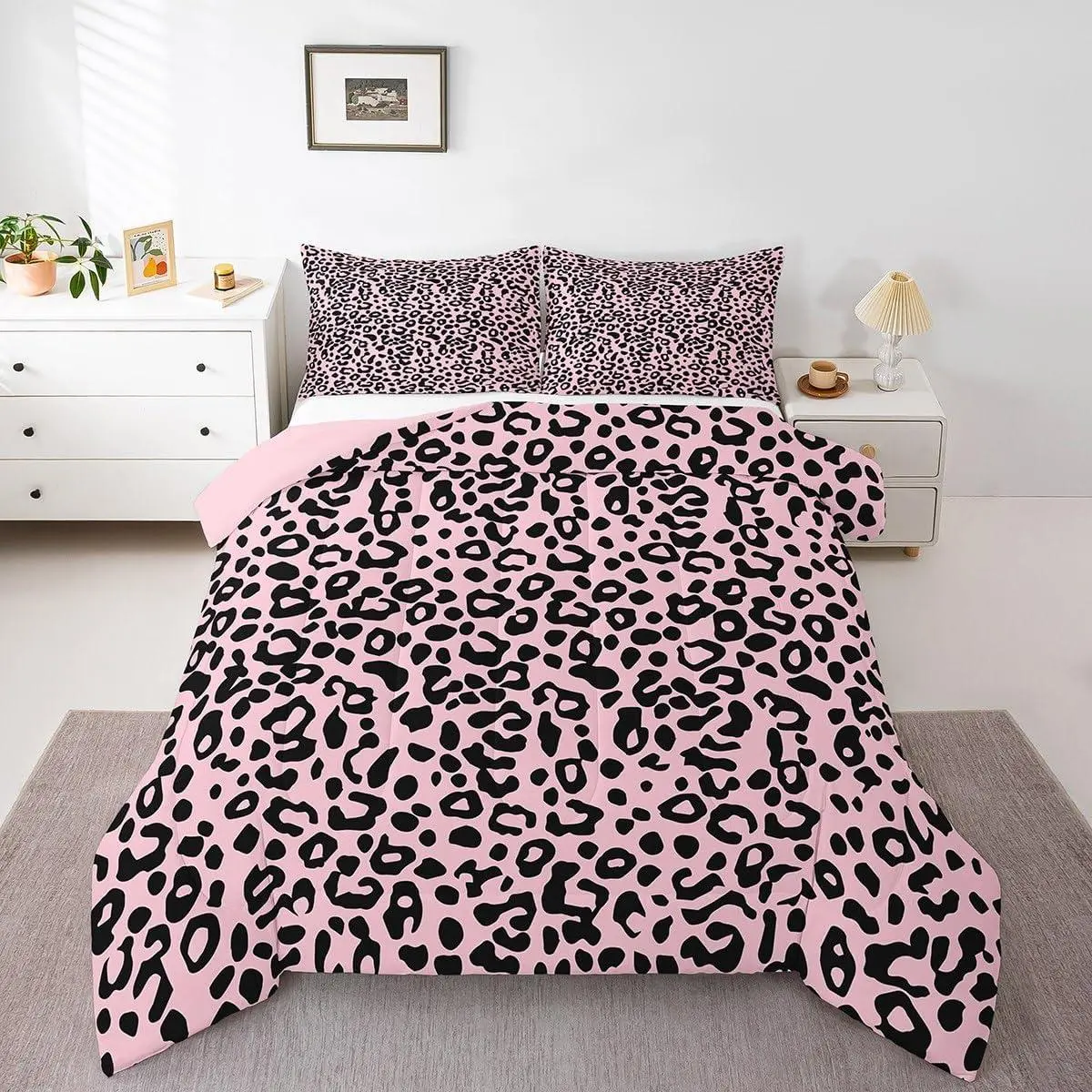 Pink Black Leopard Duvet Quilt Cheetah Comforter Set for Kids Boys Girls Decor Simple Modern Animal Print Bedding Set Breathable Soft Lightweight Microfiber Bedroom Decor