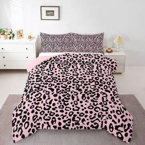 Pink Black Leopard Duvet Quilt Cheetah Comforter Set for Kids Boys Girls Decor Simple Modern Animal Print Bedding Set Breathable Soft Lightweight Microfiber Bedroom Decor