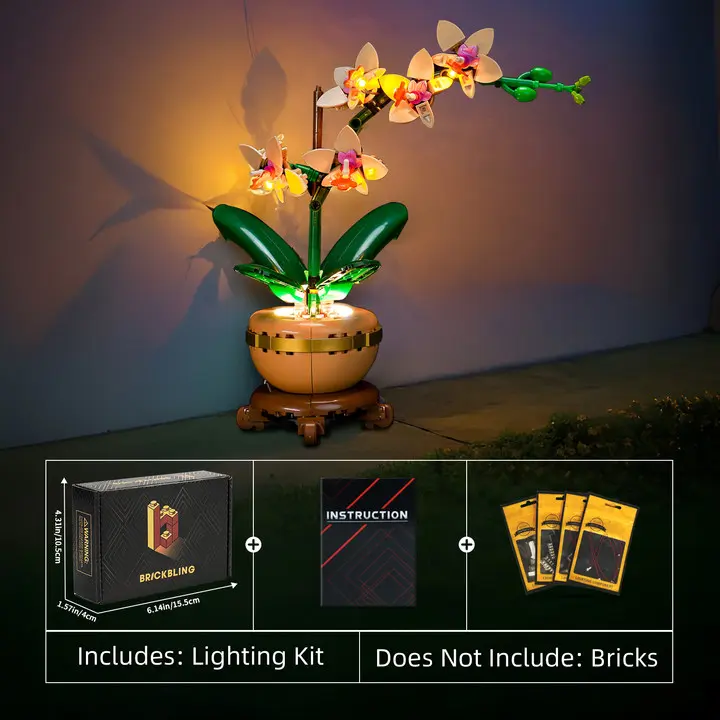 BrickBling LED Lighting Kit for Lego 10343 Mini Orchid Flower - 18+ Adult Construction Toy Accessory, Lifelike High-Grade ABS Copper Model Illumination, USB-Powered (No Batteries), 6.1x4.15x1.18in Indoor Decoration Birthday Gift (No Model Set Included)