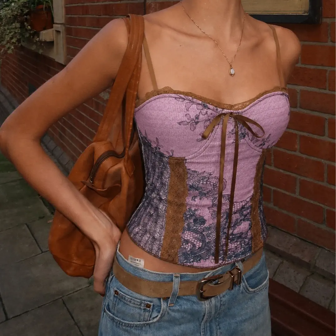 [Oder 10-12days] Vintage Ink Painting With Chest Pad Short Lace Up Tube Top For Women