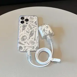 5-Piece Set with Space Transparent Design, Includes Charger Case and Data Cable Protectors, Compatible with iPhone Models 11 to 15