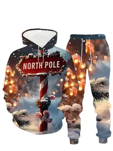 Christmas Theme 3D Full-Print Plus Size Men's Hoodie Set, Drawstring Hoodie + Long Pants 2-Piece, Fashion Christmas Pattern Casual Sportswear