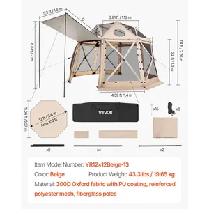VEVOR Pop up Gazebo Screen Tent, 12x 12 ft, 13-Sided Spherical Camping Canopy Tent with Removable Top Carry Bag, Quick-Set Bite-Proof, Screen House Sun Shelter for 8-10 Persons, Beige
