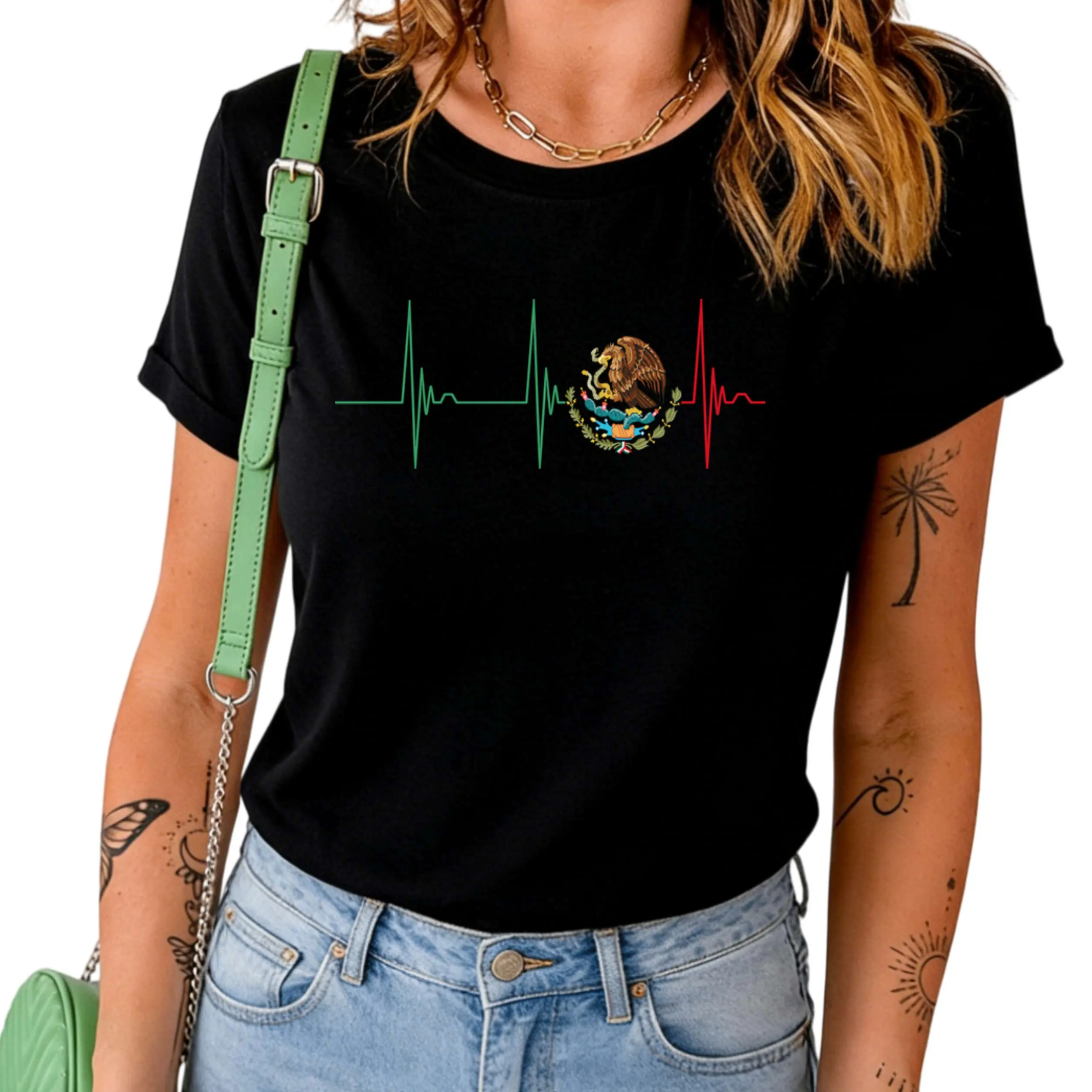 Mexico Heartbeat EKG Pulse Mexican Pride Emblem Mexico Flag T-Shirt