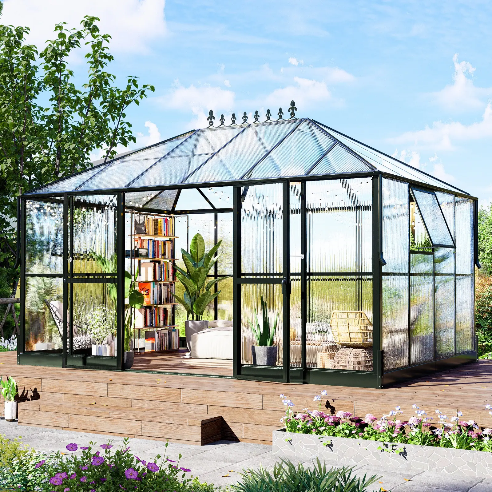 Spacious 14x9.5x9 FT Polycarbonate Greenhouse - Expansive Walk-In Winter Sunroom with 2 Vents, Double Swing Doors, 6FT Added Wall Height, Durable Aluminum Frame for Outdoor Use, Black