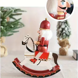 1pc Large 12-Inch Solid Wood Nutcracker Soldier & Rocking Horse Hybrid - Hand- Wind-Up Mechanism-Like Motion (No Springs), German-Inspired Christmas Carol Design, Traditional Red & Golden Puppet for /Outdoor Holiday