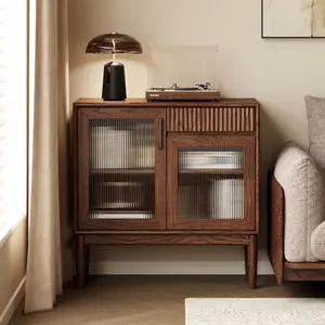 Wayshome 33.5''/39.37'' Solid Wood Sideboard Buffet Cabinet, Coffee Bar Sideboard with Fluted Drawer & Glass Doors, Modern Storage Cabinet with Adjustable Shelves for Dining Room, Kitchen, Living Room, Entryway