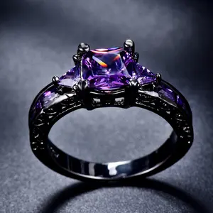 Vintage Black Golden Color Princess Cut Purple Stone Ring Engagement Wedding Band Rings For Women Bridal Fine Party nail  rings-
