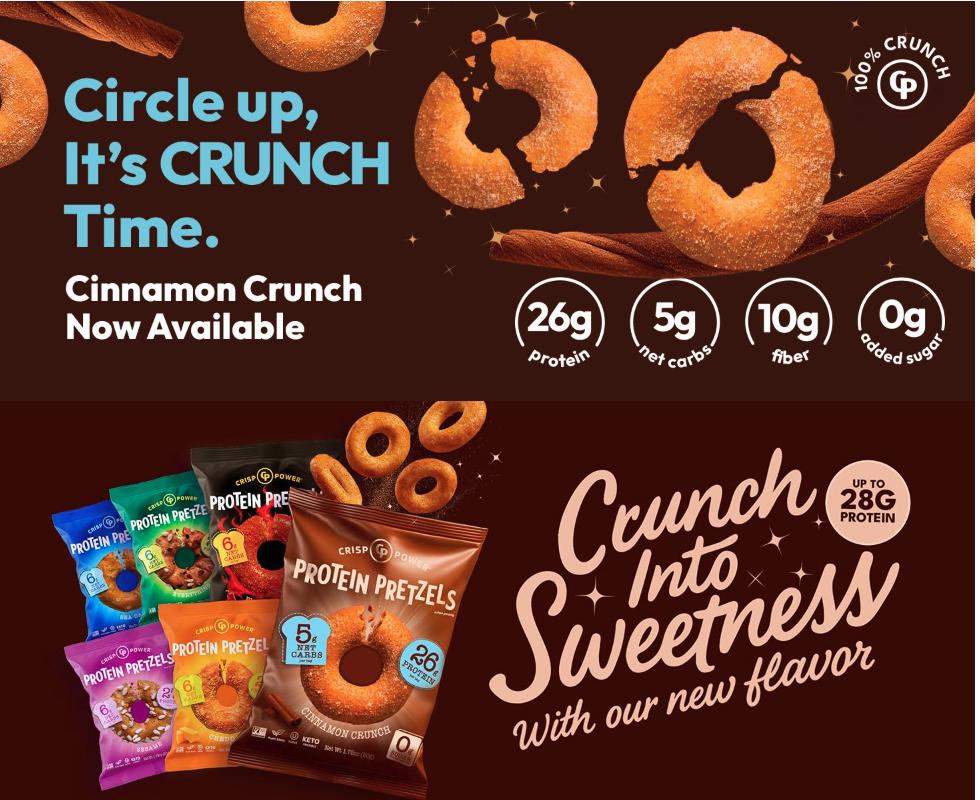 Crisp Power Protein Pretzels, NEW Cinnamon Crunch, 26G Protein, High Protein, High Fiber, Low Carb, Crunchy Pretzel Snacks, No Added Sugar, 1.75 oz Bags, 6 Pack, Vegan, Plant-Based, Keto Crisp Power Protein Pretzels, NEW Cinnamon Crunch, 26G Protein, High Protein, High Fiber, Low Carb, Crunchy Pretzel Snacks, No Added Sugar, 1.75 oz Bags, 6 Pack, Vegan, Plant-Based, Keto