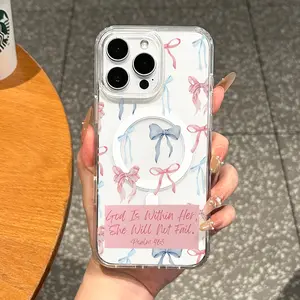 Magnetic Soft Case for iPhone11/12/13/14/15/16/promax, Bow label text MagSafe Compatible, transparent phonecase stuff,Aesthetic Pattern Design,cutephonecases