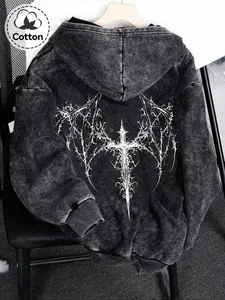 Men's Zipper Cardigan Sweatshirt, Gothic Totem Pattern, Casual Loose-Fitting, Spring & Fall Fashion Cotton Pullover, Casual Hooded Sweatshirt