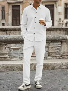 Men's Corduroy Button-Up Shirt Set, Windproof Warm Comfortable Fabric, Vintage Collar Cardigan & Long Pants, Fall Woven Jacquard Outdoor Casual Set