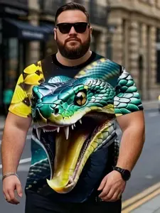 Men's Large Size 3D Casual Sport Snake Pattern T-Shirt, Loose-Fitting Short Sleeve Top, All Season Fashion, No Zipper, Without Collar
