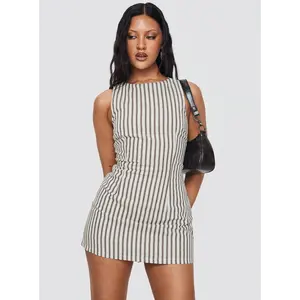 Romper Brown Stripe  Tie-back stripe romper Womenswear Overalls Casual Sleeveless