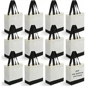 Sanwuta 12 Pack Mini Canvas Tote Bag 8'' x 4'' x 10'' Small Sublimation Blank Canvas Bags Reusable Tote for Christmas Crafts DIY Party Gifts (beige-black)